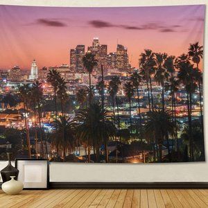 Los Angeles Pink Sunset City Skyline Cityscape Indoor/Outdoor Decor Tapestry